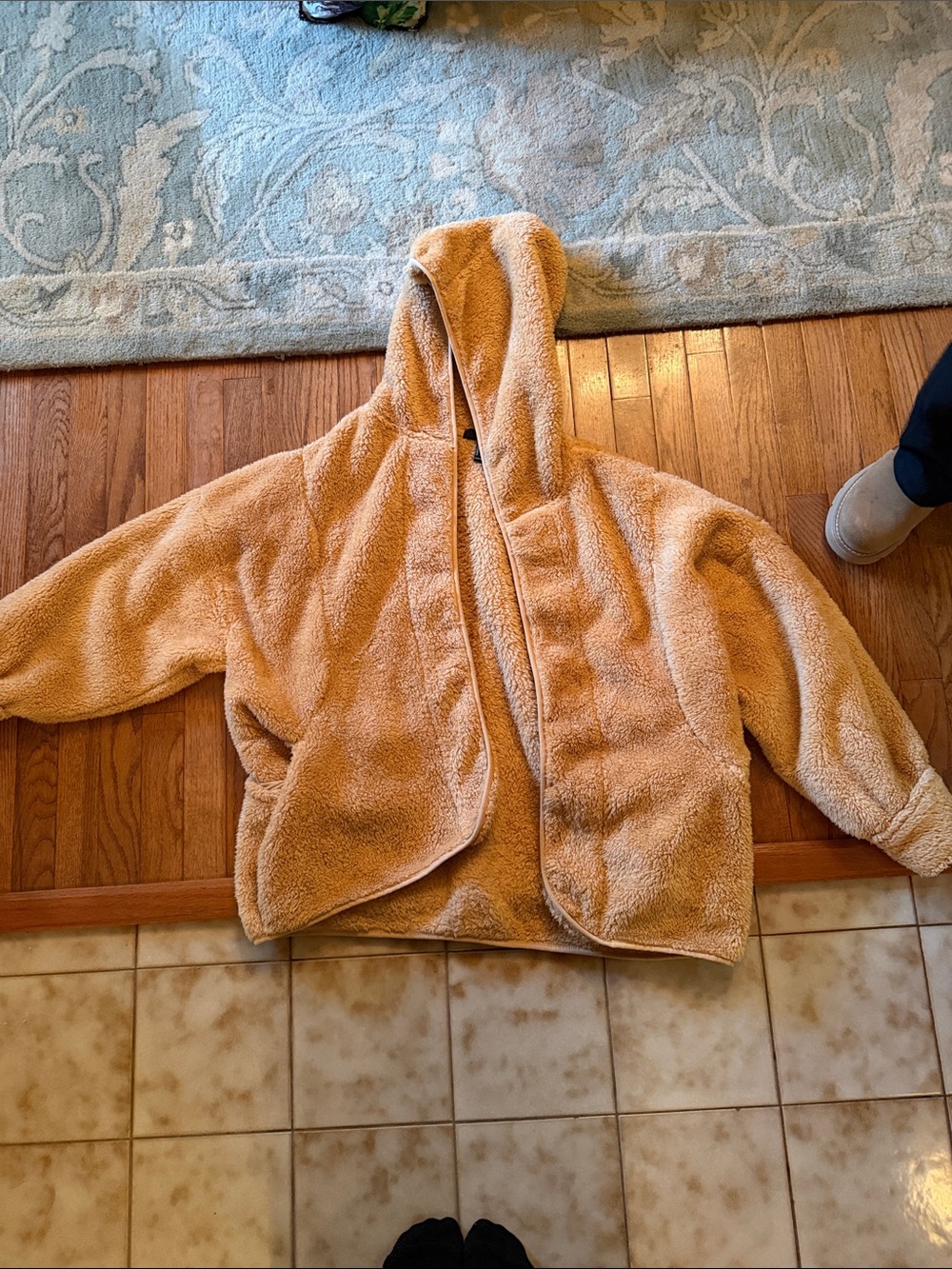 Kids Plush Hooded Jacket in Tan